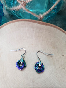 Lilac and Myrtle Green Chainmaille Small Love Knot Earrings