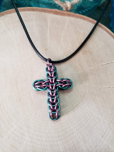 Mauve and Myrtle Green Chainmaille FullPersian Cross Necklace