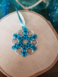 Maui Blue and Platinum Chainmaille Snowflake Ornament