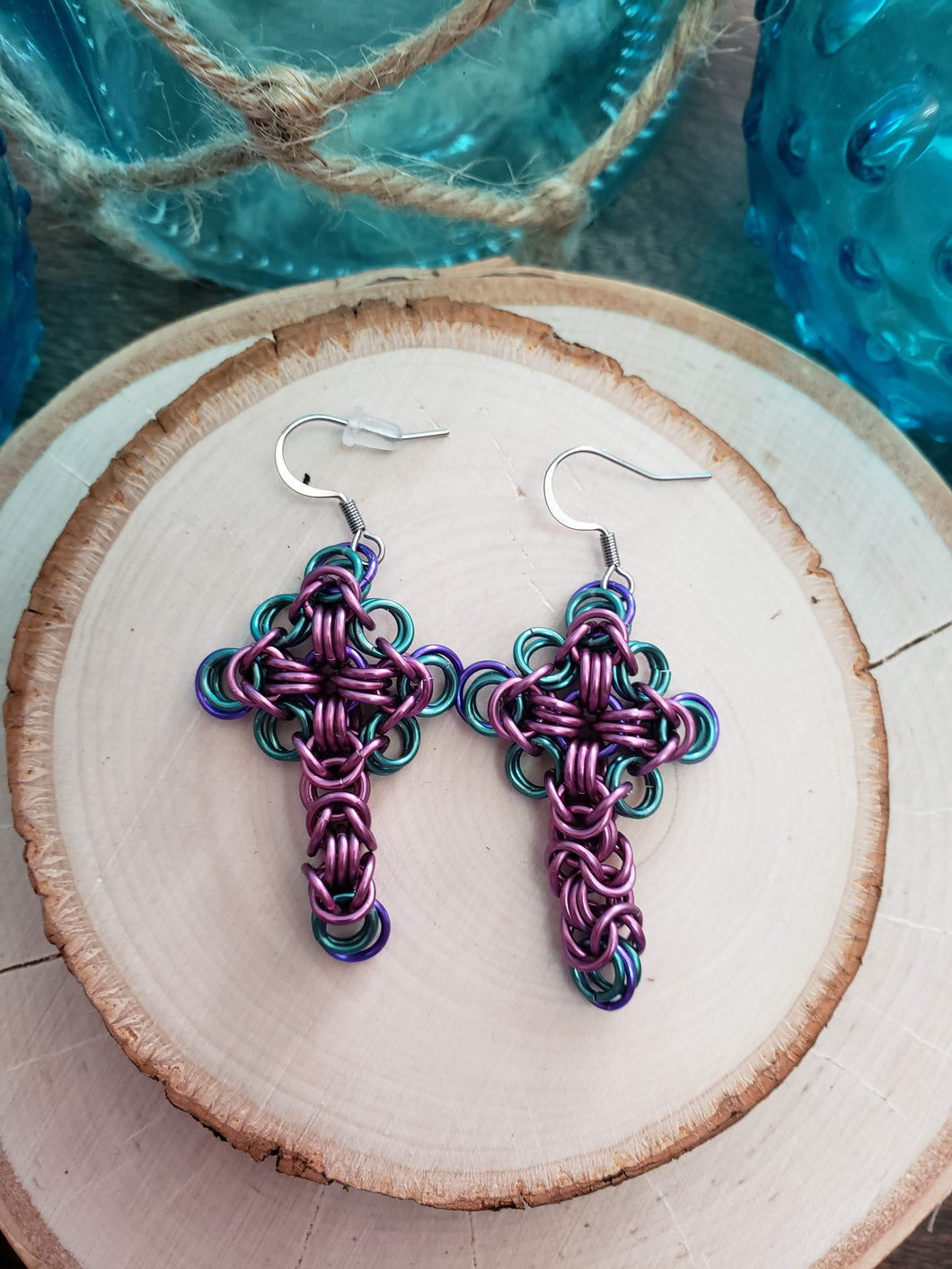 Pastel Celtic Chainmaille Cross Earrings