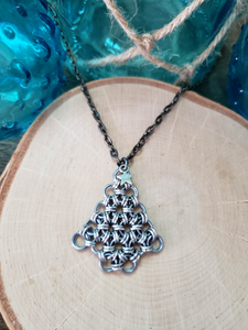 Gunmetal and Platinum Chainmaille Christmas Tree Necklace