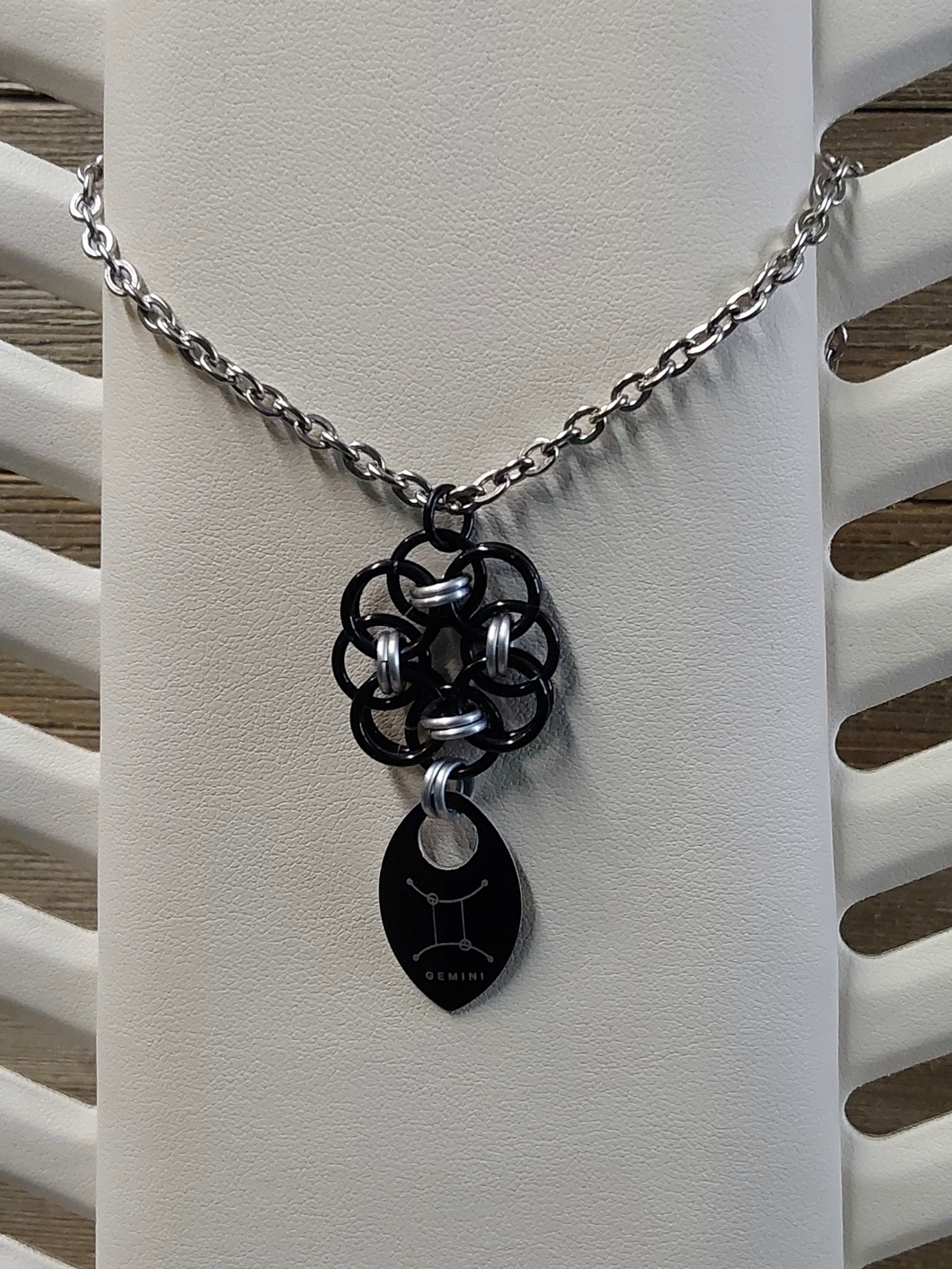 Helm Flower Onyx (Black) and Platinum (Silver) Zodiac Scale Pendant - Gemini