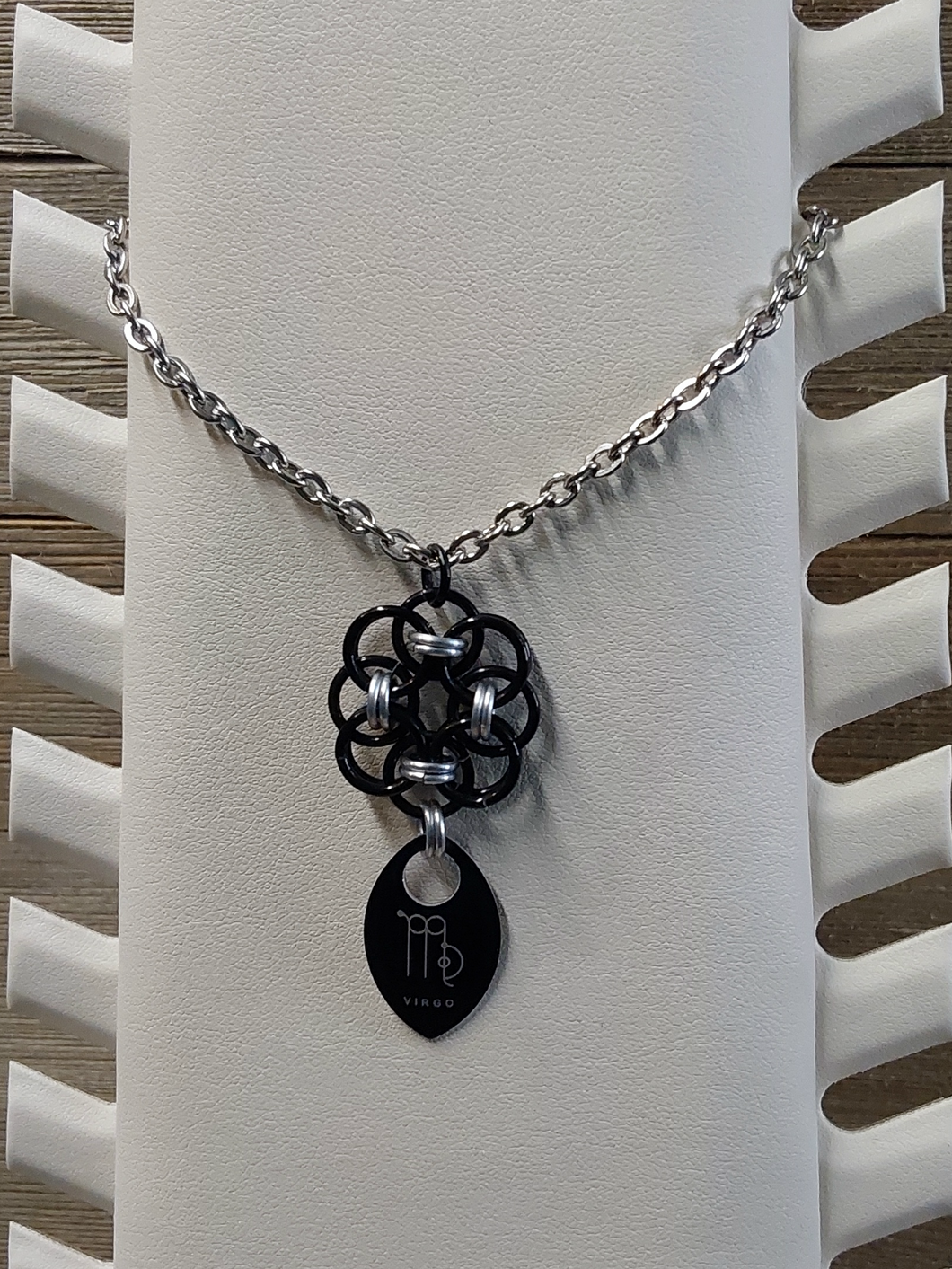 Helm Flower Onyx (Black) and Platinum (Silver) Zodiac Scale Pendant - Virgo
