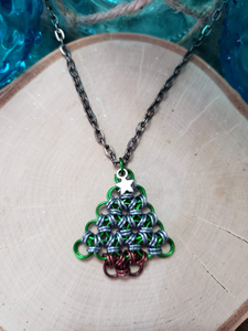 Shamrock and Gunmetal Chainmaille Christmas Tree Necklace